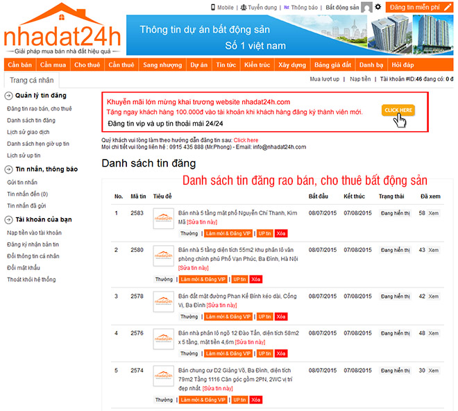 Hướng dẫn đăng tin rao bán nhà đất trên trang nhadat24h.com