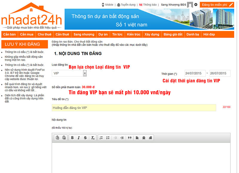 Hướng dẫn đăng tin VIP trên trang nhadat24h.com