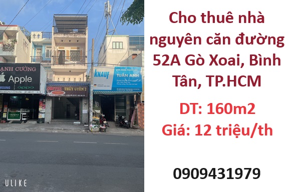 ⭐Cho thuê nhà nguyên căn đường 52A Gò Xoai, Bình Tân; 12tr/th; 0909431979 - Ảnh chính