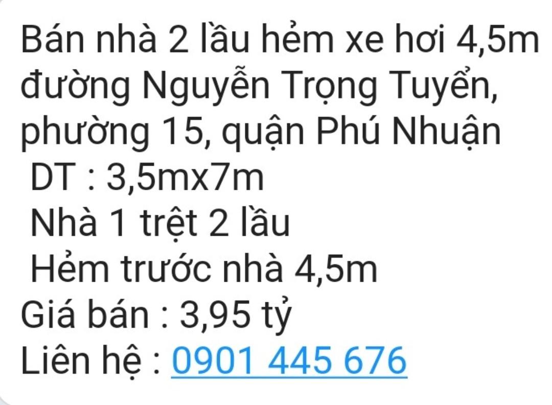 Bán nhà 2 lầu HXH 4,5m Nguyễn Trọng Tuyển P15, Q.Phú Nhuận 24.5m 3.95 tỷ. Lh:0901445676 - Ảnh chính