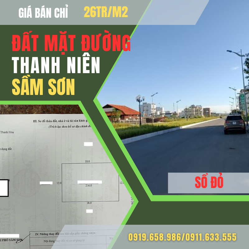 Bán đất sổ đỏ chính chủ mặt đường Thanh Niên, tp Sầm Sơn, giá 26tr/m2 - Ảnh chính
