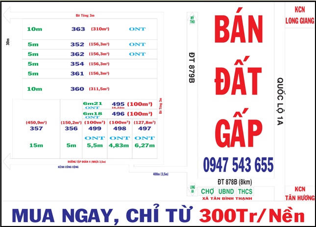 ⭐Chính chủ bán gấp 10 nền tại Tân Bình Thạnh, Chợ Gạo, Tiền Giang; chỉ 300tr; 0947543655 - Ảnh 1