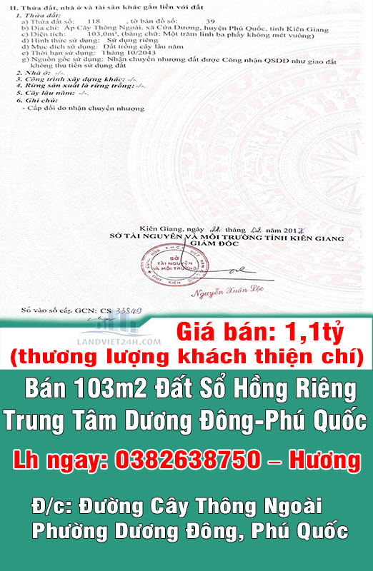 Chính Chủ Bán 103m2 Đất Sổ Hồng Riêng Trung Tâm Dương Đông-Phú Quốc - Ảnh chính