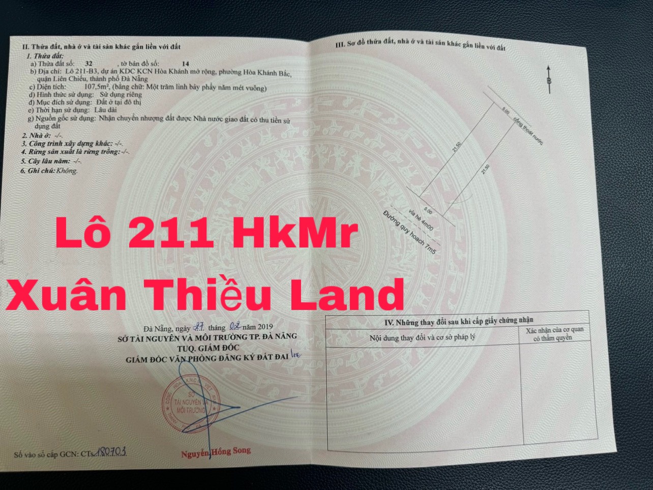 Bán 107,5m2 đất Đường Hồng Phước 2 (Đường 7m5) thuộc khu tái định cư HKMR. Lh:0905799991. - Ảnh 1