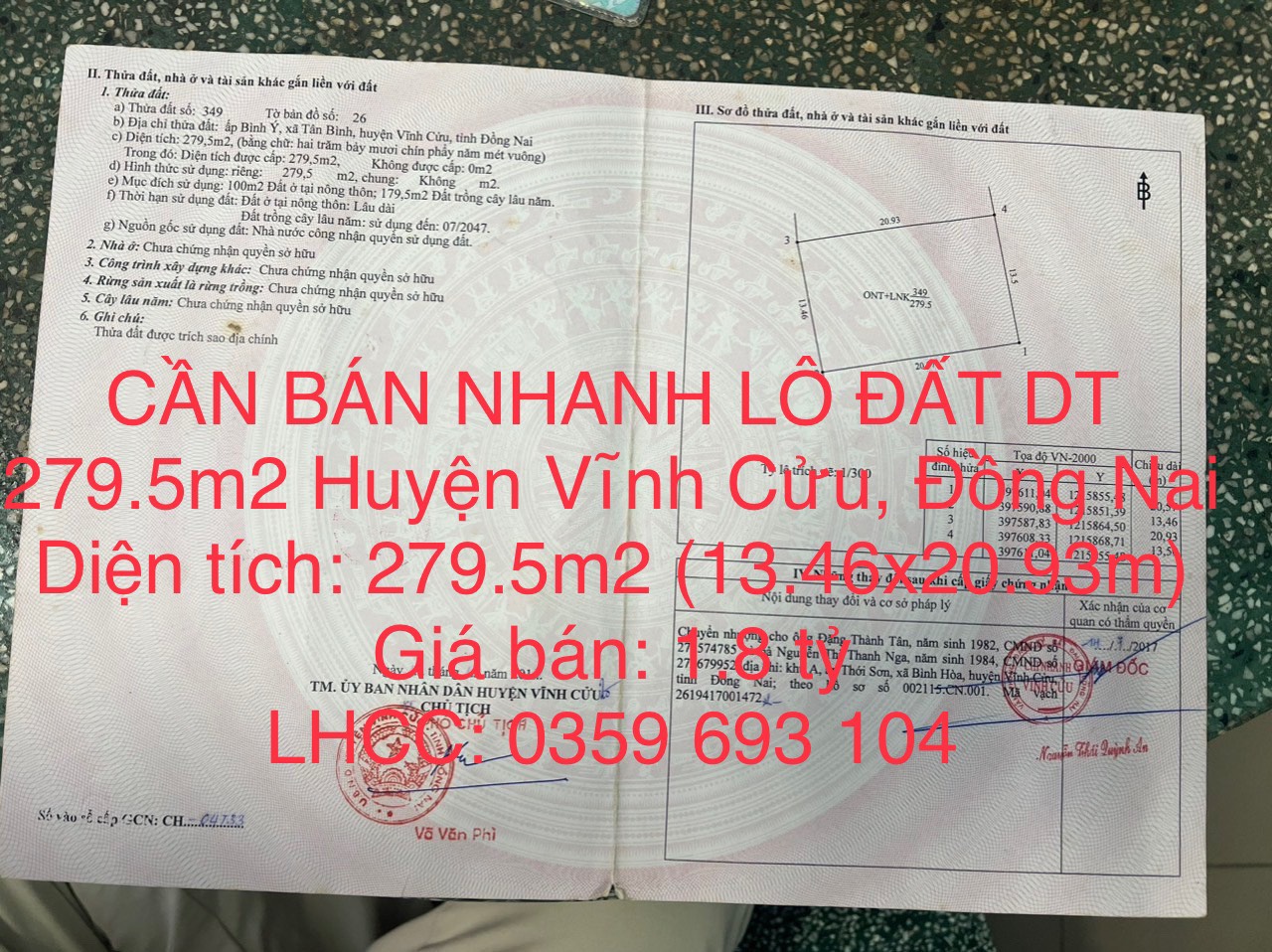 CẦN BÁN NHANH LÔ ĐẤT DT 279.5m2 Tại Xã Tân Bình Huyện Vĩnh Cửu, Đồng Nai - Ảnh chính