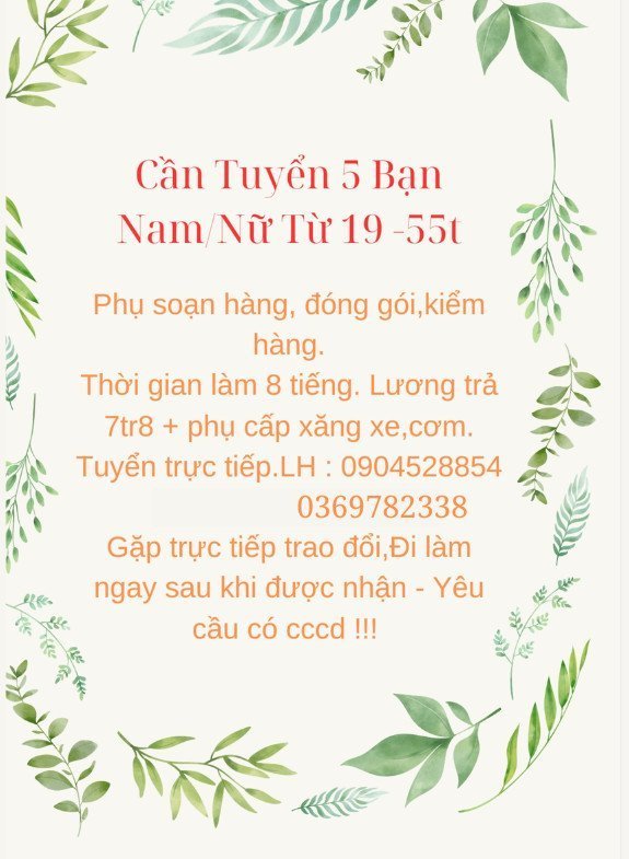 Cần Tuyển 5 Bạn - Nam/Nữ Từ 19 -55t - Ảnh chính