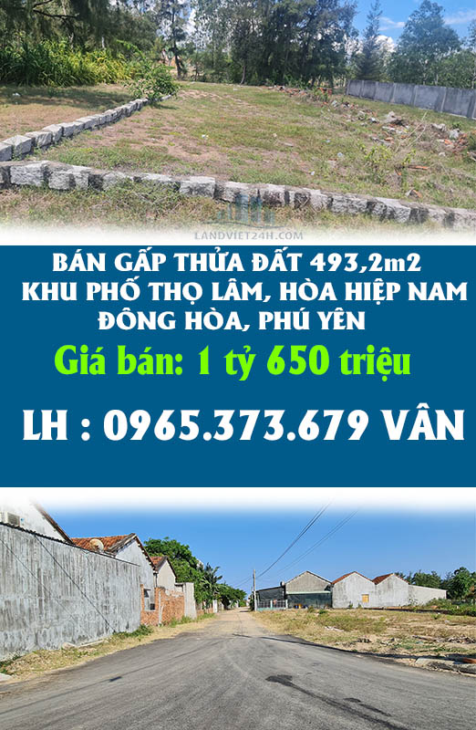 BÁN GẤP THỬA ĐẤT 493,2m2 KHU PHỐ THỌ LÂM, HÒA HIỆP NAM, ĐÔNG HÒA, PHÚ YÊN. - Ảnh chính