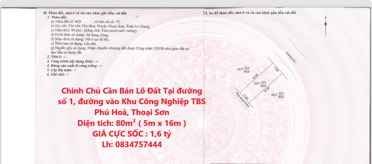 Chính Chủ Cần Bán Lô Đất Tại đường số 1, đường vào Khu Công Nghiệp TBS Phú Hoà, Thoại Sơn - Ảnh chính