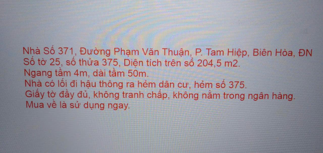 Chính Chủ Bán Nhà Mặt Tiền Đường Phạm Văn Thuận, KP4, P. Tam Hiệp, Biên Hòa - Ảnh 1