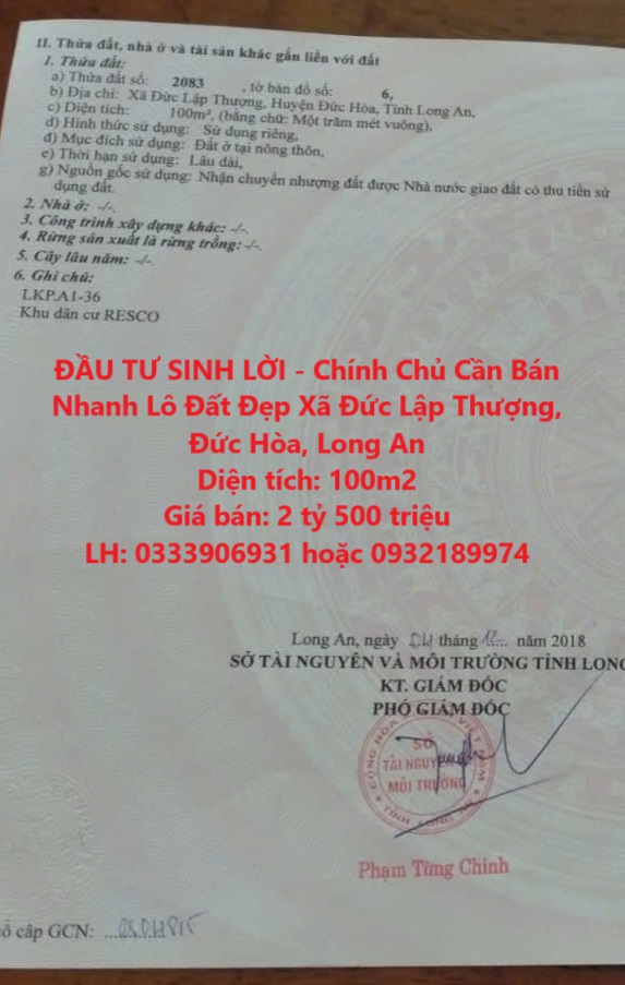 ĐẦU TƯ SINH LỜI - Chính Chủ Cần Bán Nhanh Lô Đất Đẹp Xã Đức Lập Thượng, Đức Hòa, Long An - Ảnh chính