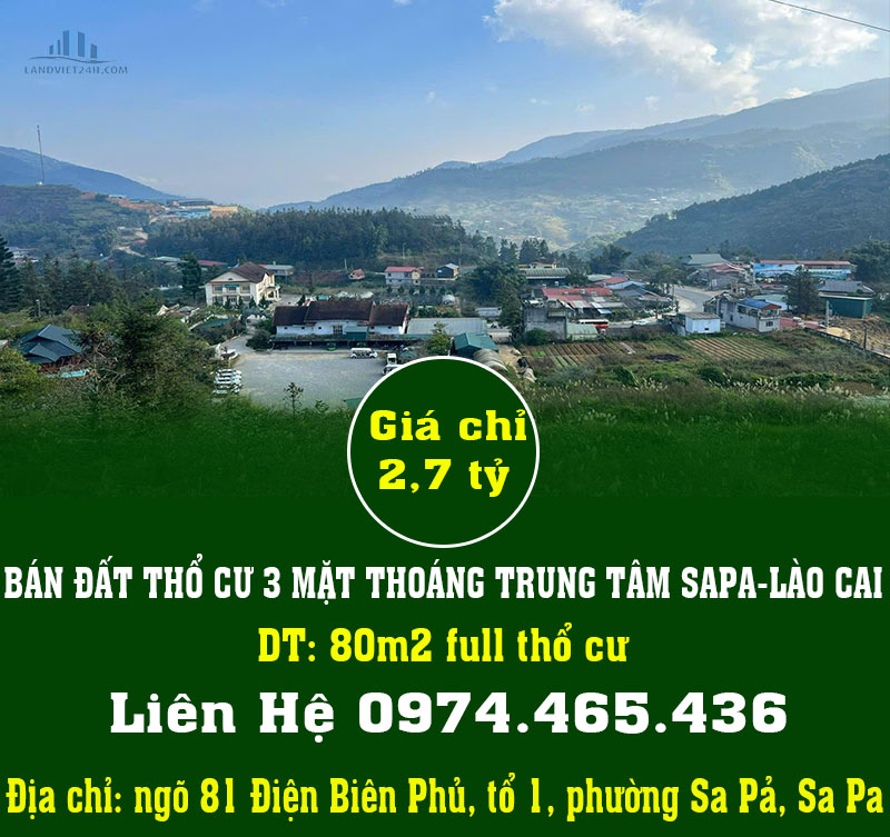 CHÍNH CHỦ BÁN ĐẤT THỔ CƯ 3 MẶT THOÁNG TRUNG TÂM SAPA-LÀO CAI - Ảnh chính