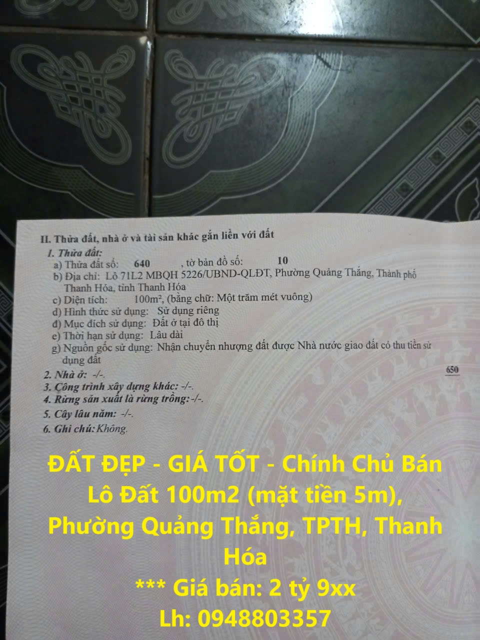 ĐẤT ĐẸP - GIÁ TỐT - Chính Chủ Bán Lô Đất 100m2 (mặt tiền 5m), Phường Quảng Thắng, TPTH, Thanh Hóa - Ảnh chính