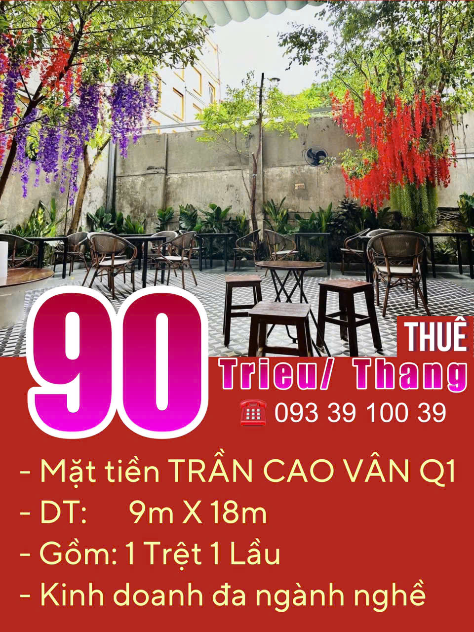 Thuê mặt bằng đẹp, Mặt tiền Trần Cao Vân Quận 1,DT: 9x18m: chỉ 90 Tr/Th.LH: 0933910039 - Ảnh chính