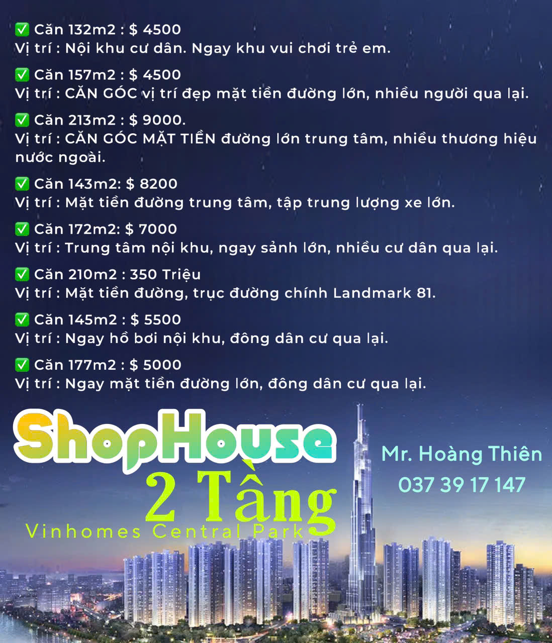 Thuê Shophouse 2 tầng Vinhomes Central Park, Tháng 10.2024 hơn 150m: 112 triệu.LH: 0373917147 - Ảnh chính