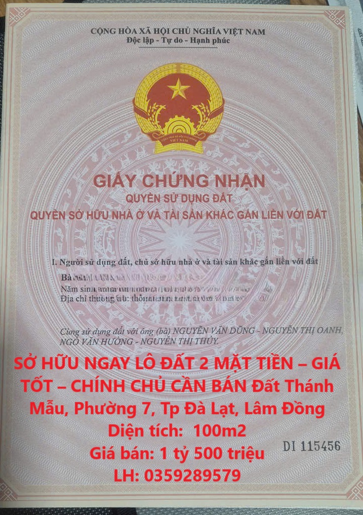 SỞ HỮU NGAY LÔ ĐẤT 2 MẶT TIỀN – GIÁ TỐT – CHÍNH CHỦ CẦN BÁN Đất Thánh Mẫu, Đà Lạt - Ảnh chính