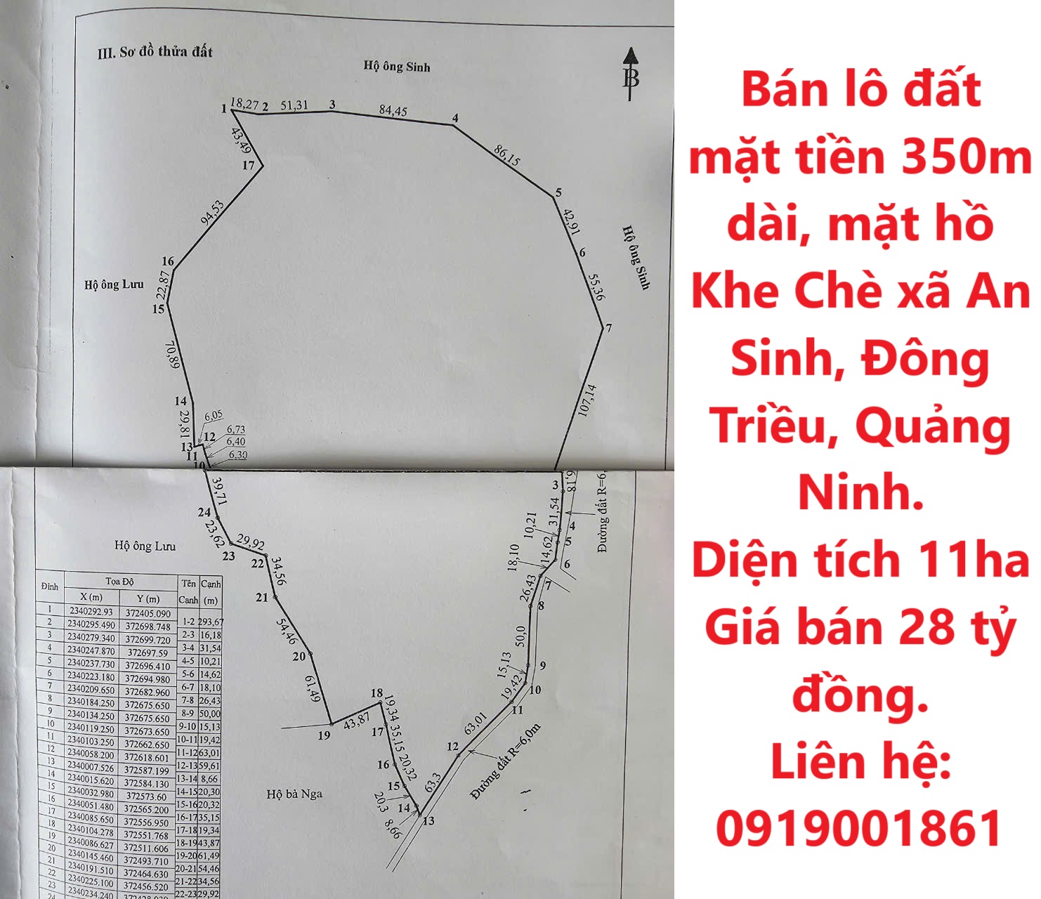 Bán lô đất mặt tiền 350m dài, mặt hồ Khe Chè xã An Sinh, Đông Triều, Quảng Ninh. - Ảnh chính