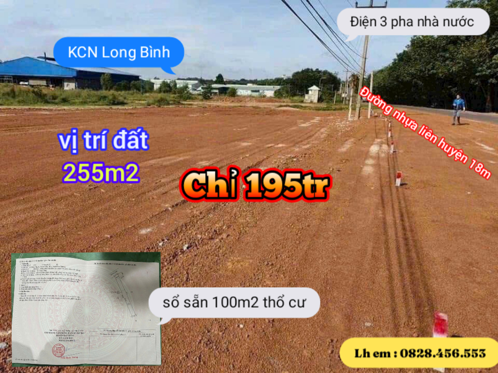 Long Bình , Phú Riềng 255m2 (100m2 thổ cư ) 1.9.5.tr Sổ sẵn phủ Hồng ( 0828.456.553) zalo - Ảnh chính