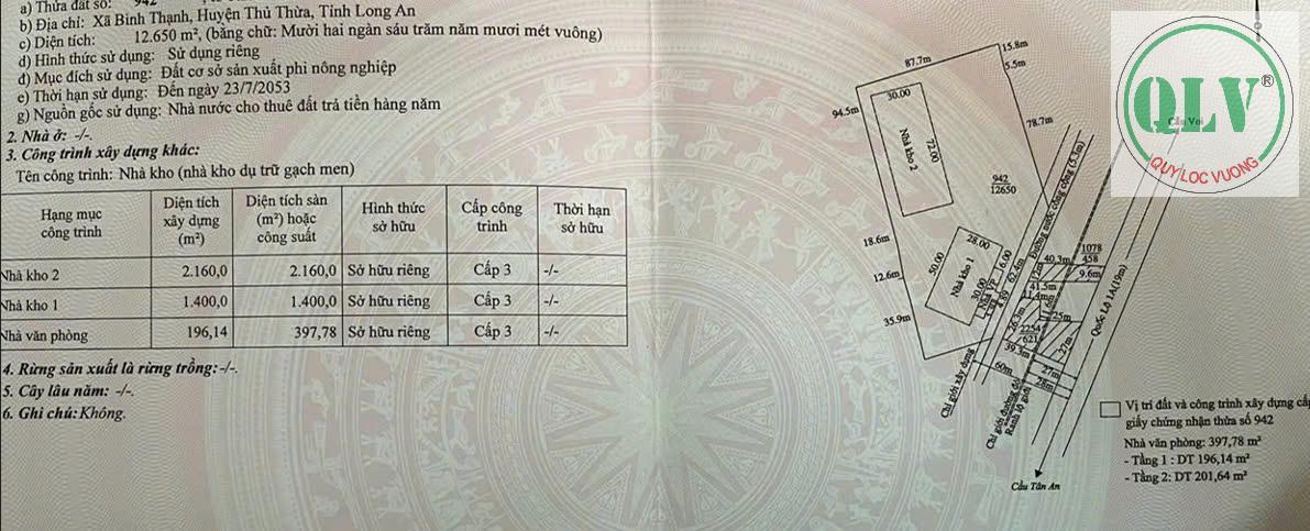 Xưởng bán/ cho thuê DT 12.650m2 có 2 kho và VP mặt tiền đường QL1A, Thủ Thừa, Long An. - Ảnh chính