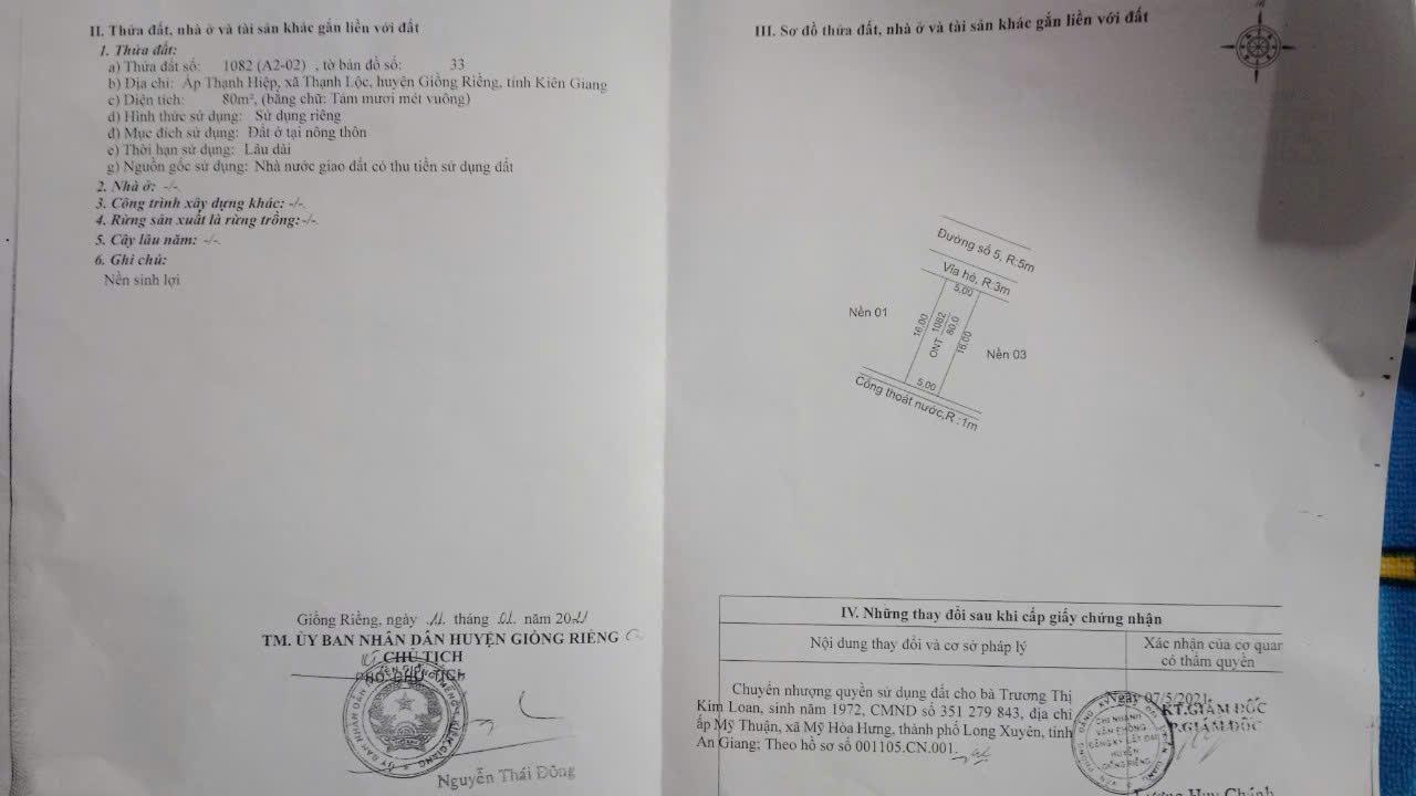 Chính Chủ Cần Bán Nhanh Nền Thổ Cư Tại  Xã Thạnh Lộc, Huyện Giồng Riềng, Kiên Giang - Ảnh 1