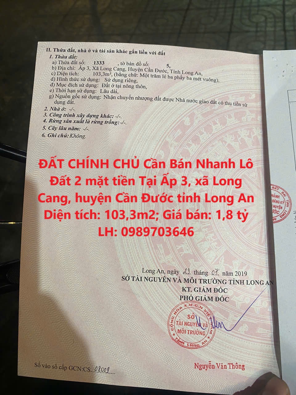 ĐẤT CHÍNH CHỦ Cần Bán Nhanh Lô Đất 2 mặt tiền Tại huyện Cần Đước tỉnh Long An - Ảnh chính