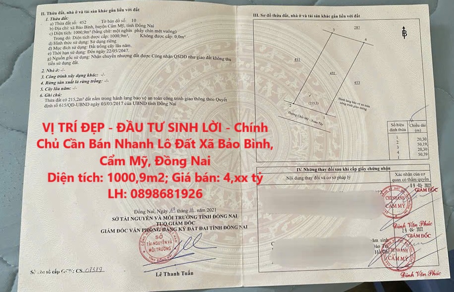 VỊ TRÍ ĐẸP - ĐẦU TƯ SINH LỜI - Chính Chủ Cần Bán Nhanh Lô Đất Xã Bảo Bình, Cẩm Mỹ, Đồng Nai - Ảnh chính