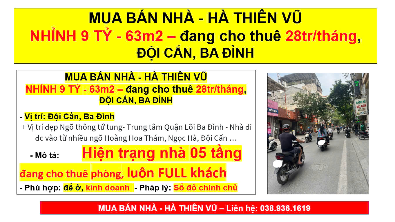 MUA BÁN NHÀ - HÀ THIÊN VŨ,NHỈNH 9 TỶ, 63m2, đang cho thuê 28tr/tháng, ĐỘI CẤN, BA Đình - Ảnh 4