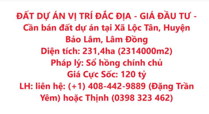 ĐẤT DỰ ÁN VỊ TRÍ ĐẮC ĐỊA - GIÁ ĐẦU TƯ - Cần bán đất dự án tại Xã Lộc Tân, Huyện Bảo Lâm, Lâm Đồng - Ảnh chính