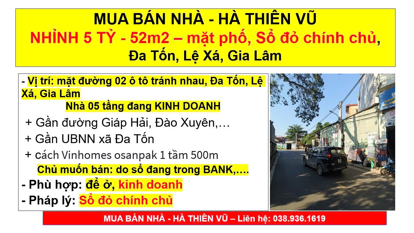 MUA BÁN NHÀ - HÀ THIÊN VŨ NHỈNH 5 TỶ - 52m2 – mặt phố, Sổ đỏ chính chủ,  Đa Tốn, Lệ Xá, Gia Lâm - Ảnh chính