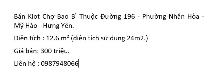 Chính chủ cần bán Kiot Chợ Bao Bì Thuộc Đường 196 - Phường Nhân Hòa - Mỹ Hào - Hưng Yên. - Ảnh chính