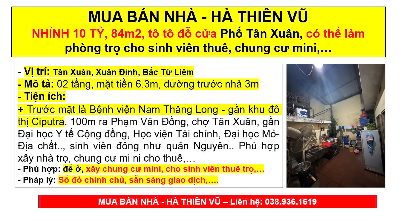 MUA BÁN NHÀ - HÀ THIÊN VŨ NHỈNH 10 TỶ, 84m2, tô tô đỗ cửa Phố Tân Xuân, có thể làm phòng trọ - Ảnh 3