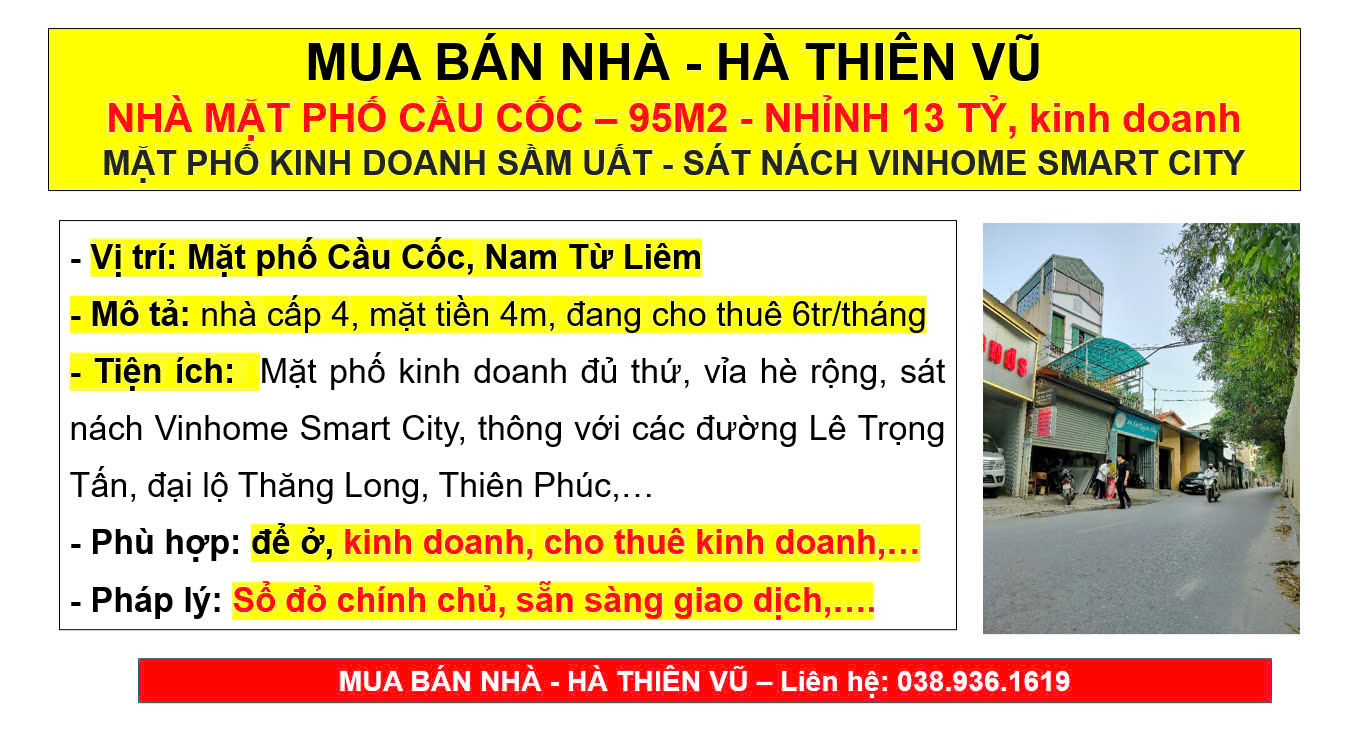 MUA BÁN NHÀ - HÀ THIÊN VŨ NHÀ MẶT PHỐ CẦU CỐC – 95M2, Mặt tiền 4m, kinh doanh MẶT PHỐ KINH DOANH SẦM - Ảnh 2