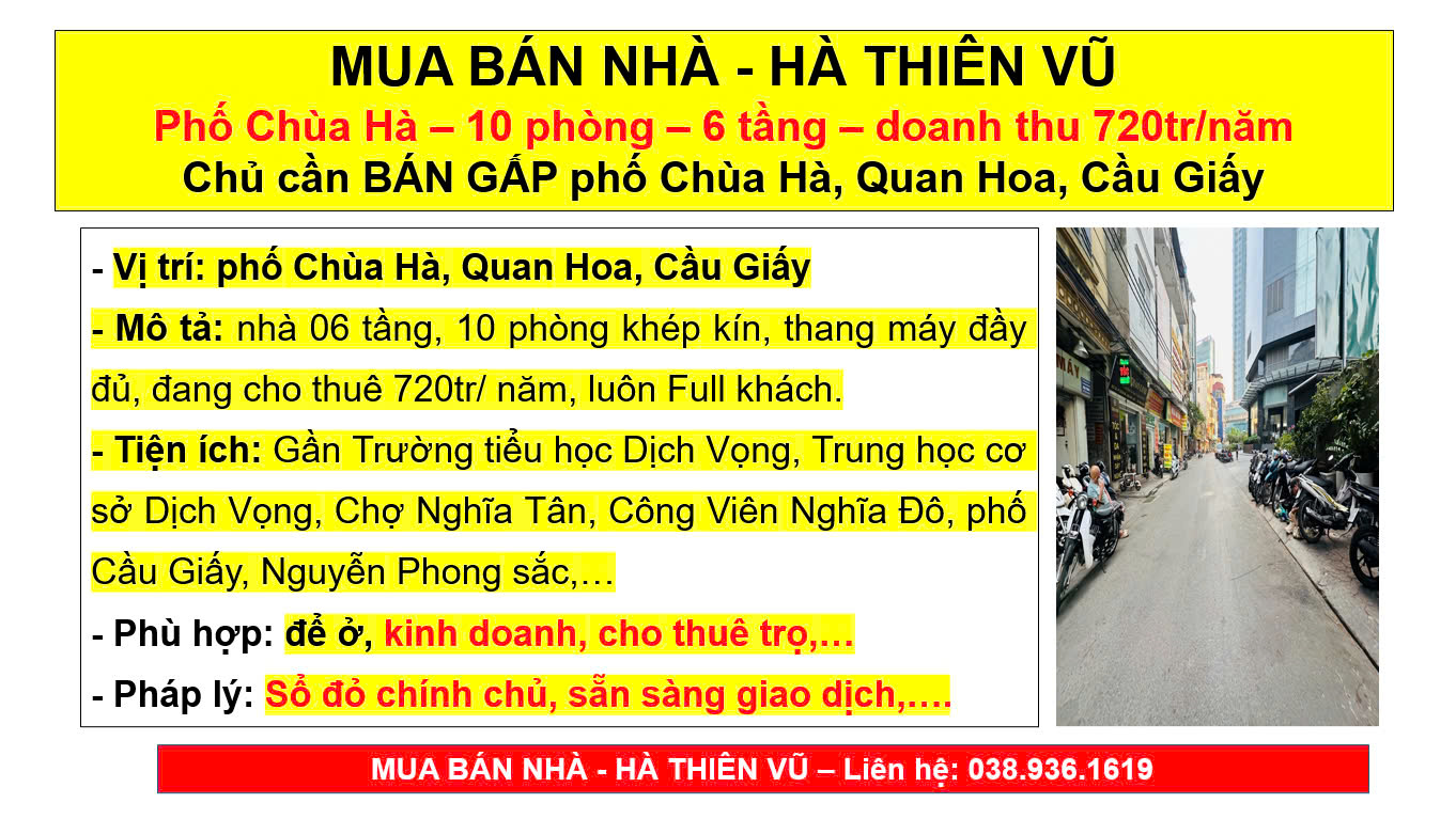 MUA BÁN NHÀ - HÀ THIÊN VŨ Phố Chùa Hà, 10 phòng, 6 tầng, thang máy, doanh thu 720tr/năm Chủ cần BÁN - Ảnh 4