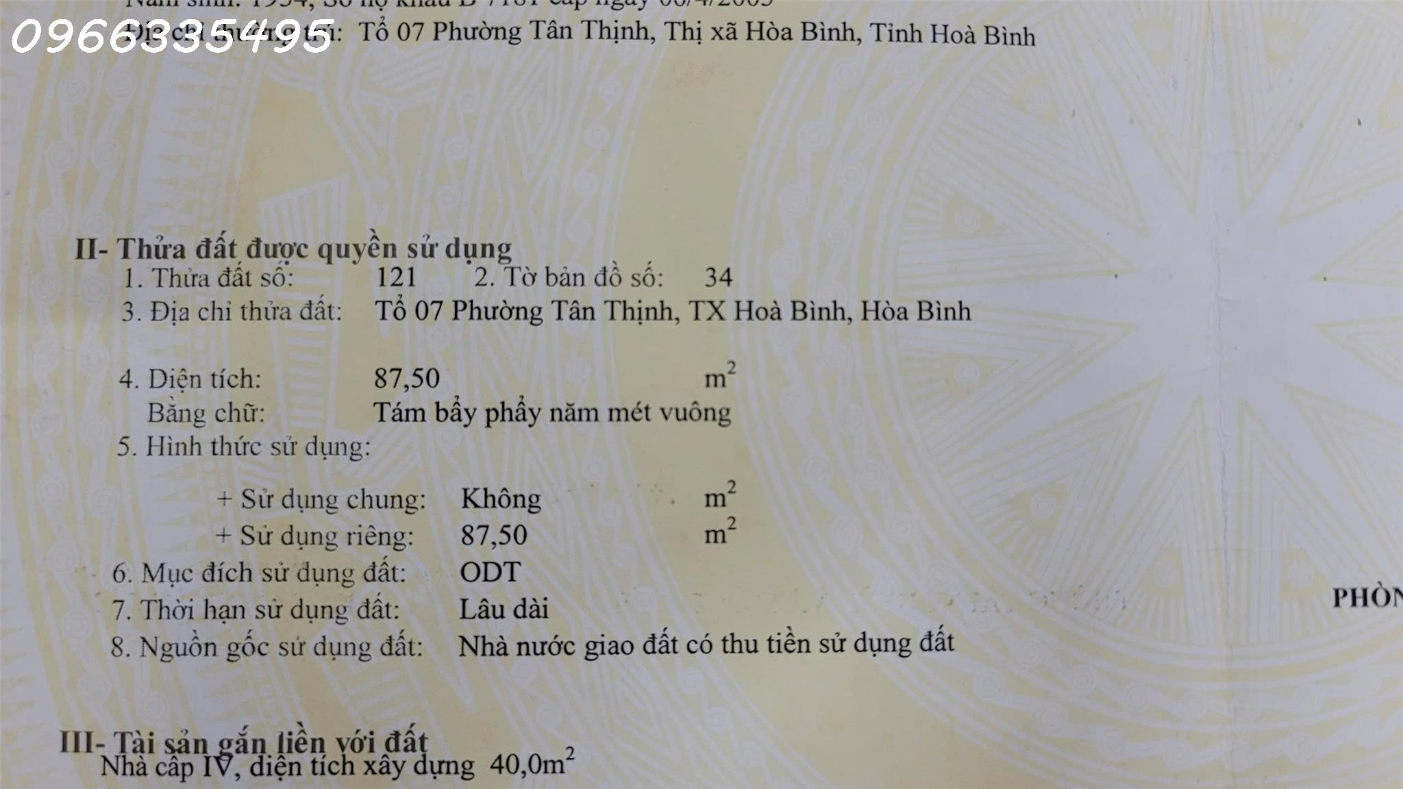 Chính chủ cần bán 87,5m2 đất tại đường Tiểu Khu 10, Phường Tân Thịnh, TP Hòa Bình - Ảnh 1