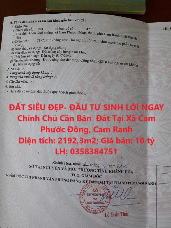 ĐẤT SIÊU ĐẸP- ĐẦU TƯ SINH LỜI NGAY Chính Chủ Cần Bán  Đất Tại Xã Cam Phước Đông, Cam Ranh - Ảnh chính