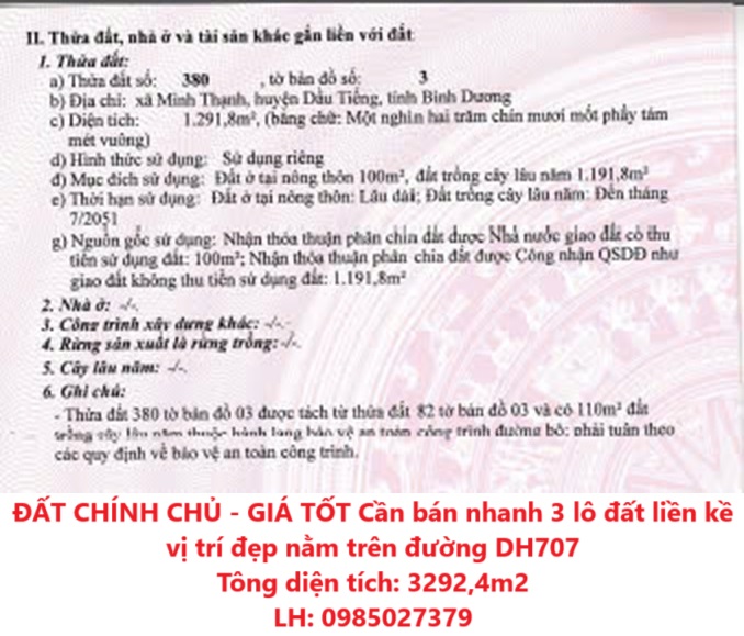 Cần bán nhanh 3 lô đất liền kề nằm trên đường DH707 xã Minh Thạnh, huyện Dầu Tiếng, tỉnh Bình Dương - Ảnh chính