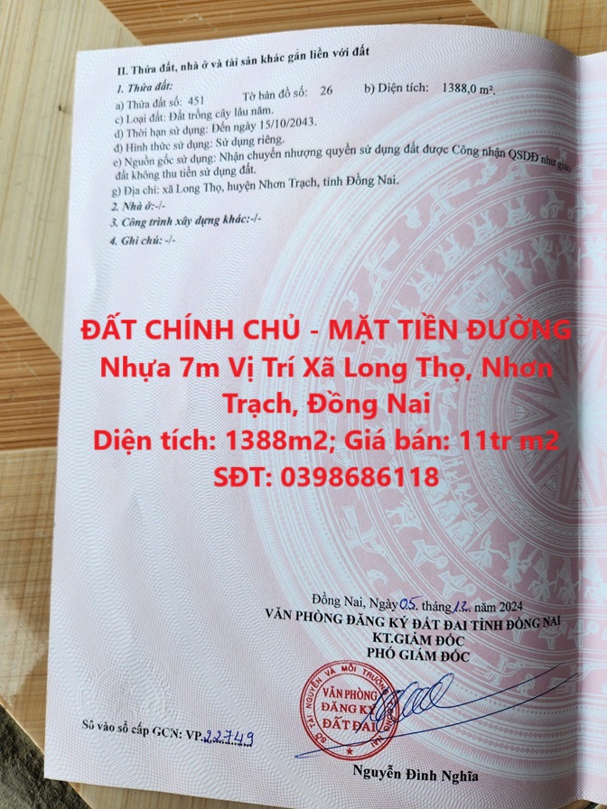 ĐẤT CHÍNH CHỦ - MẶT TIỀN ĐƯỜNG Nhựa 7m Vị Trí Xã Long Thọ, Nhơn Trạch, Đồng Nai - Ảnh chính