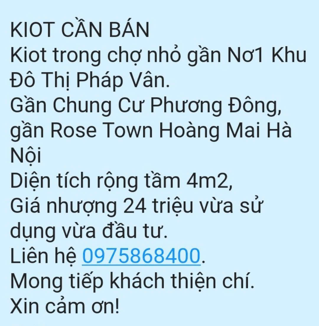 BÁN KIOT TRONG CHỢ NHỎ GẦN NƠ1 KHU ĐÔ THỊ PHÁP VÂN. 4M2 CHỈ 24TR. LH:0975868400. - Ảnh chính