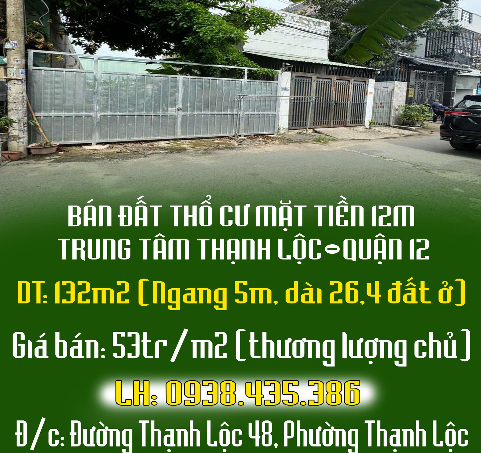 CHÍNH CHỦ BÁN ĐẤT THỔ CƯ MẶT TIỀN 12M TRUNG TÂM THẠNH LỘC-Q12 - Ảnh chính