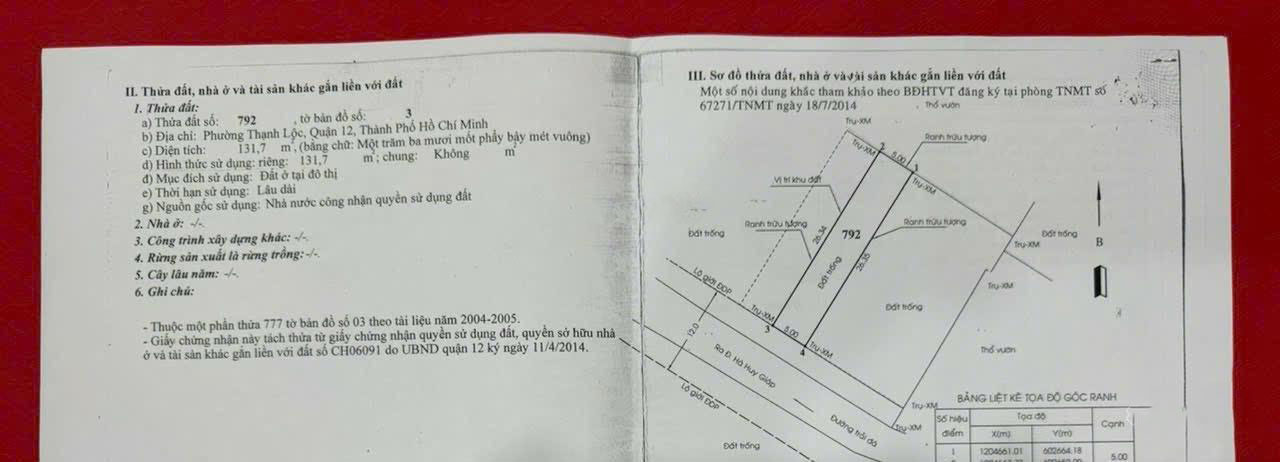 CHÍNH CHỦ BÁN ĐẤT THỔ CƯ MẶT TIỀN 12M TRUNG TÂM THẠNH LỘC-Q12 - Ảnh 4