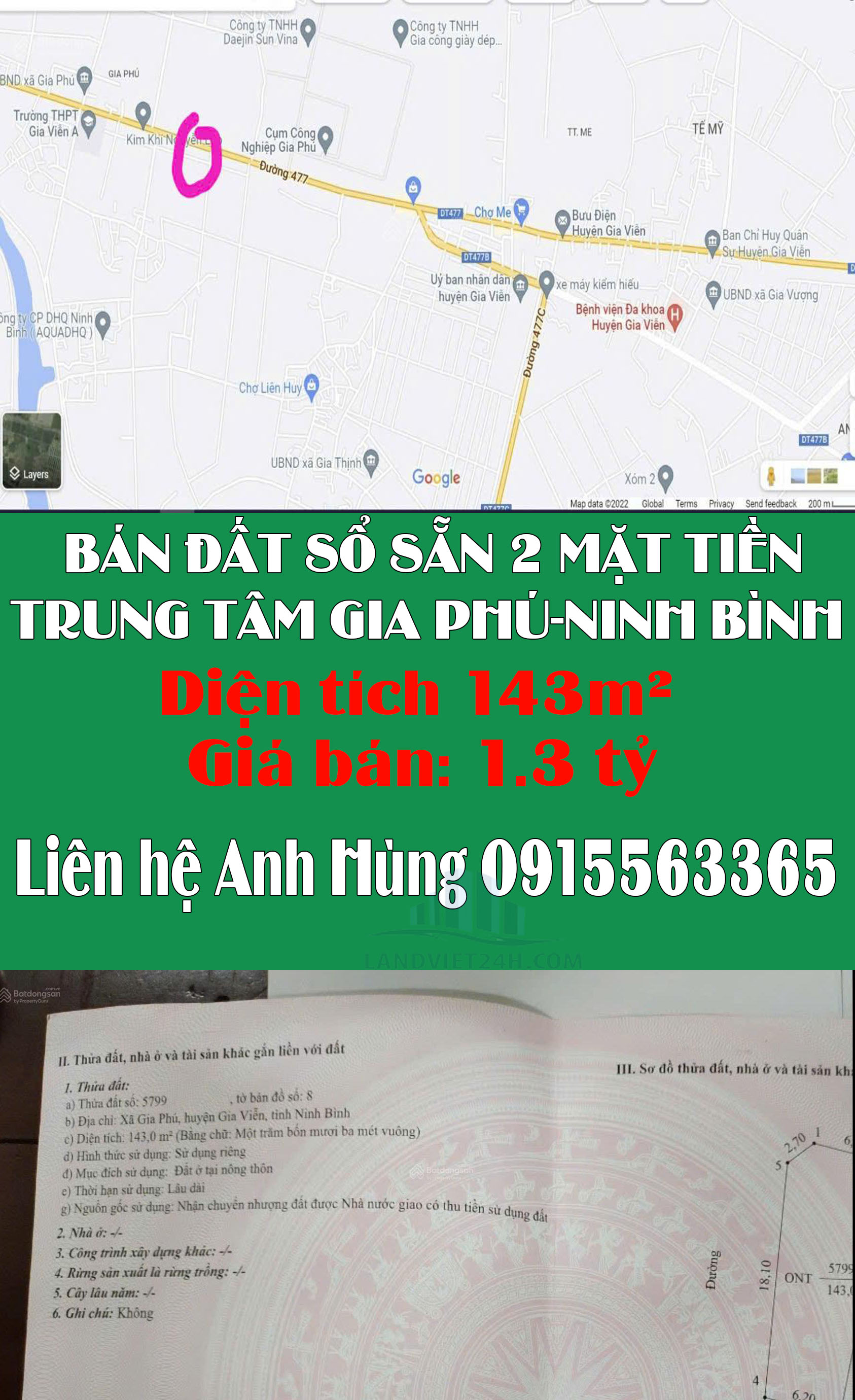 CHÍNH CHỦ BÁN ĐẤT SỔ SẴN 2 MẶT TIỀN TRUNG TÂM GIA PHÚ-NINH BÌNH - Ảnh chính