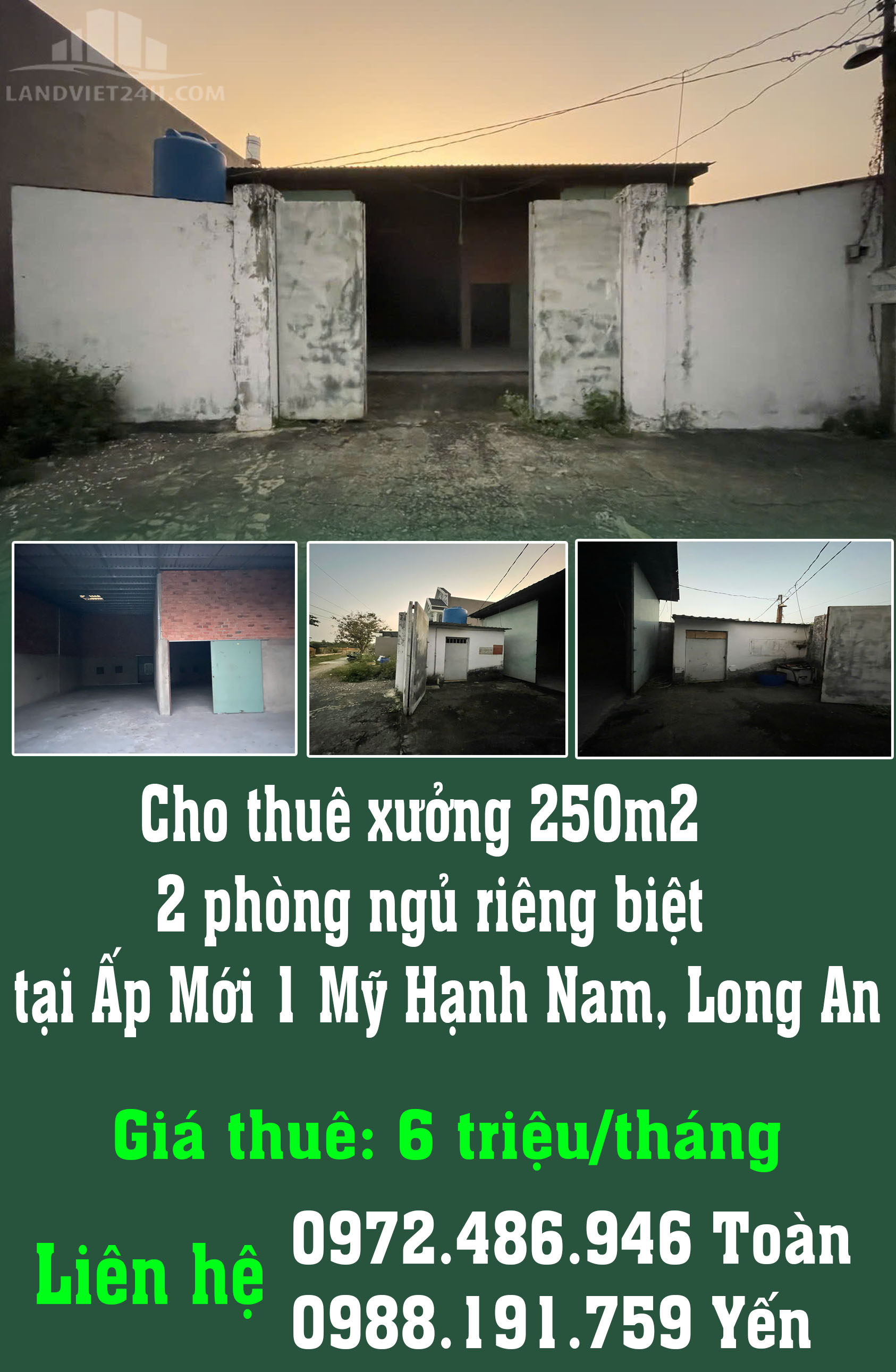 Cho thuê xưởng 250m2, 2 phòng ngủ riêng biệt tại Ấp Mới 1 Mỹ Hạnh Nam - Ảnh chính