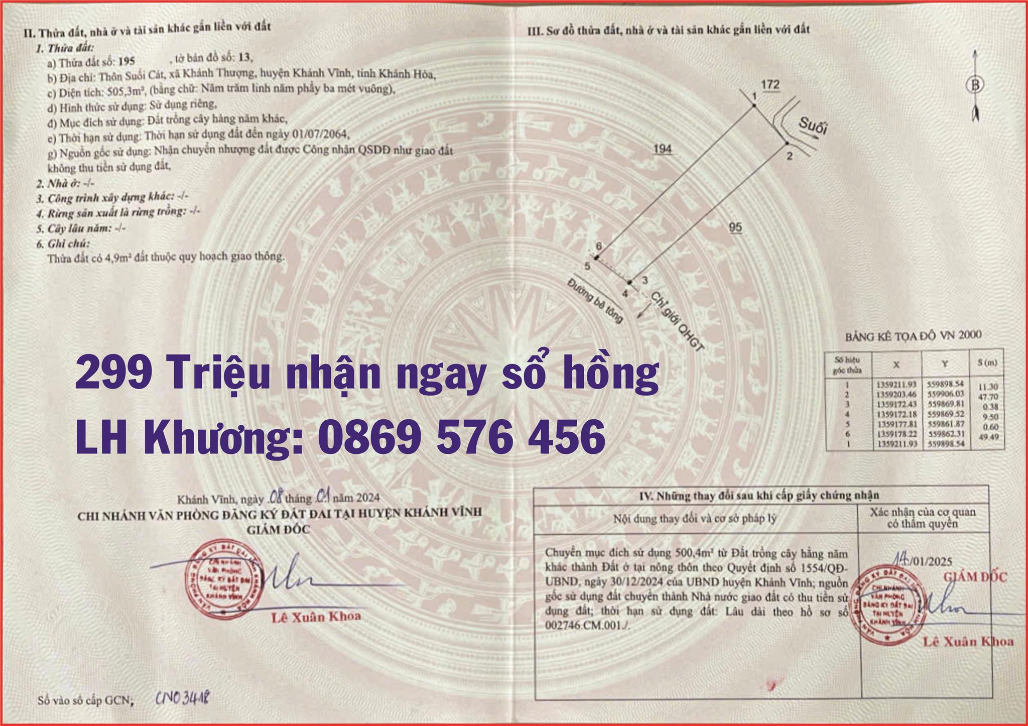 Cần Bán 500 Mét Đất Thổ Cư, Đường ô tô, Giá 299 Triệu Tại Khánh Vĩnh, Khánh Hoà - Ảnh 2