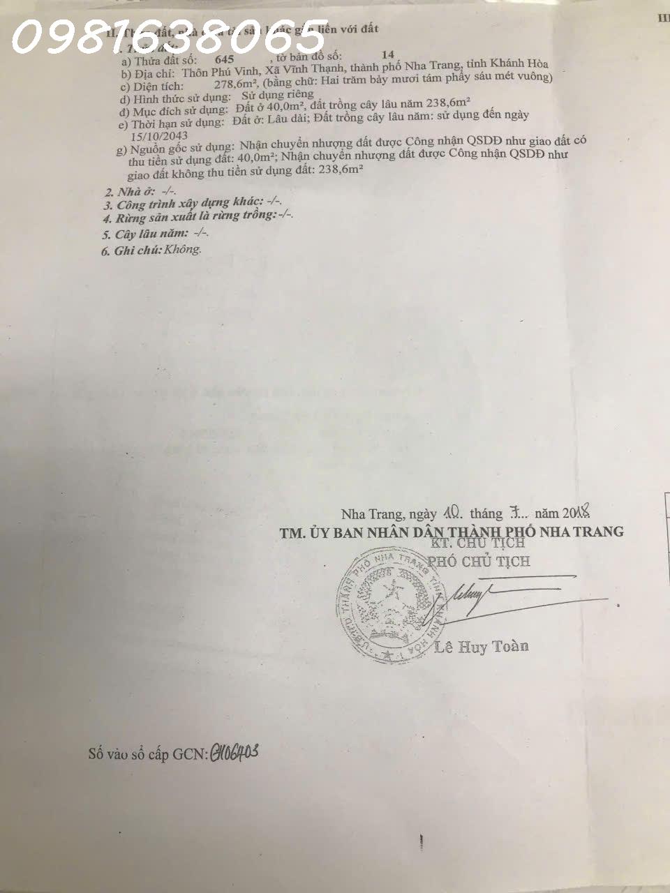 Hàng Hiếm Cần Bán, Phù Hợp Tách Thửa, Cách Đường Lương Định Của Chỉ 30m,  Xã Vĩnh Thạnh, Khánh Hòa - Ảnh 1