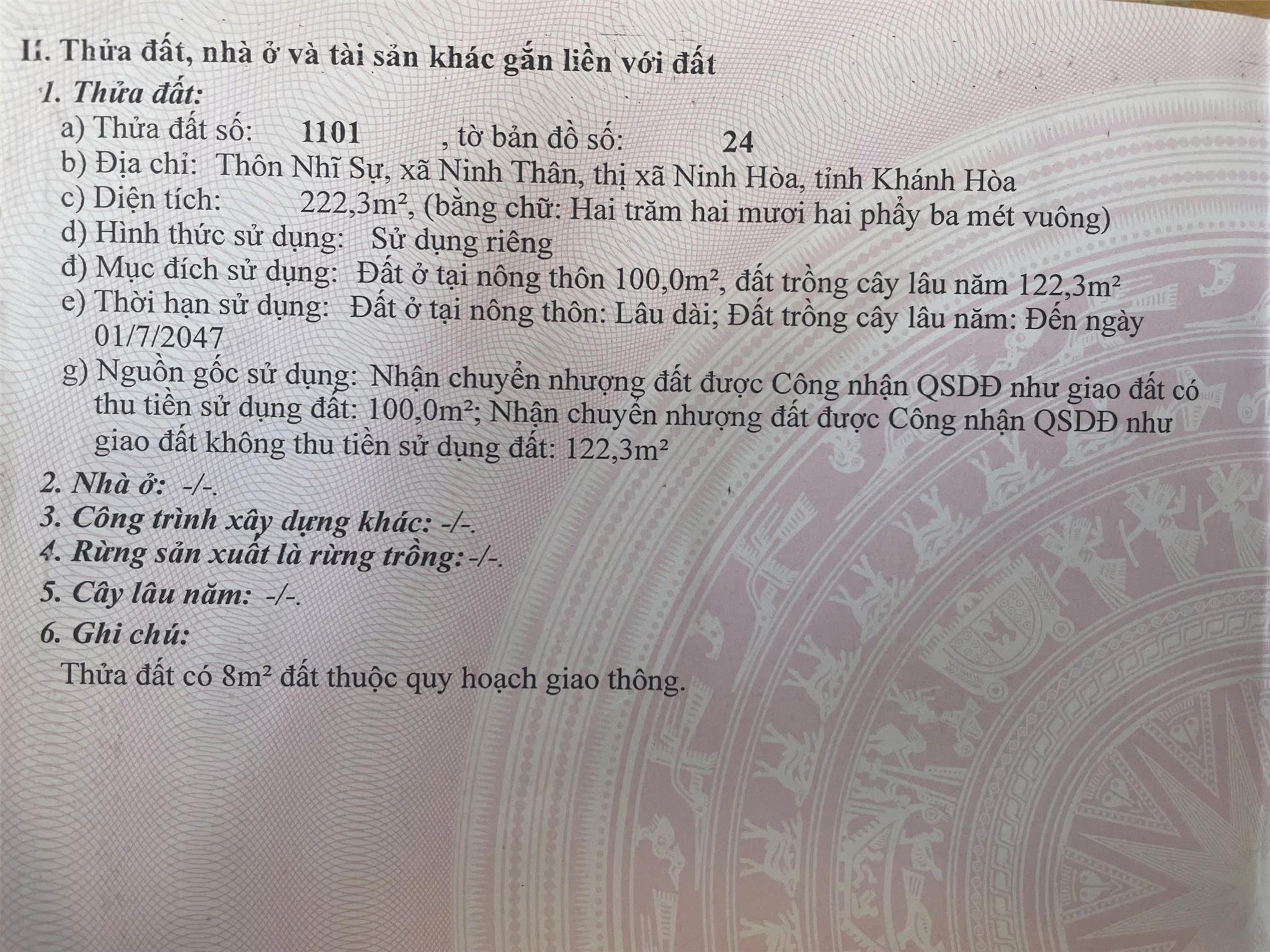 ĐẤT ĐẸP – GIÁ TỐT - CẦN BÁN LÔ ĐẤT tại  Thôn Nhĩ Sự, Xã Ninh Thân, Thị xã Ninh Hòa, Khánh Hòa - Ảnh chính