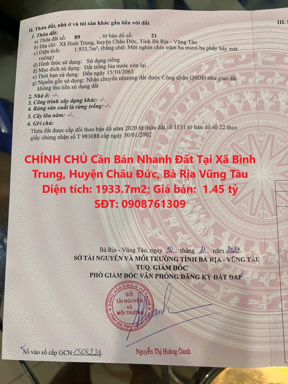 CHÍNH CHỦ Cần Bán Nhanh Đất Tại Xã Bình Trung, Huyện Châu Đức, Bà Rịa Vũng Tàu - Ảnh chính