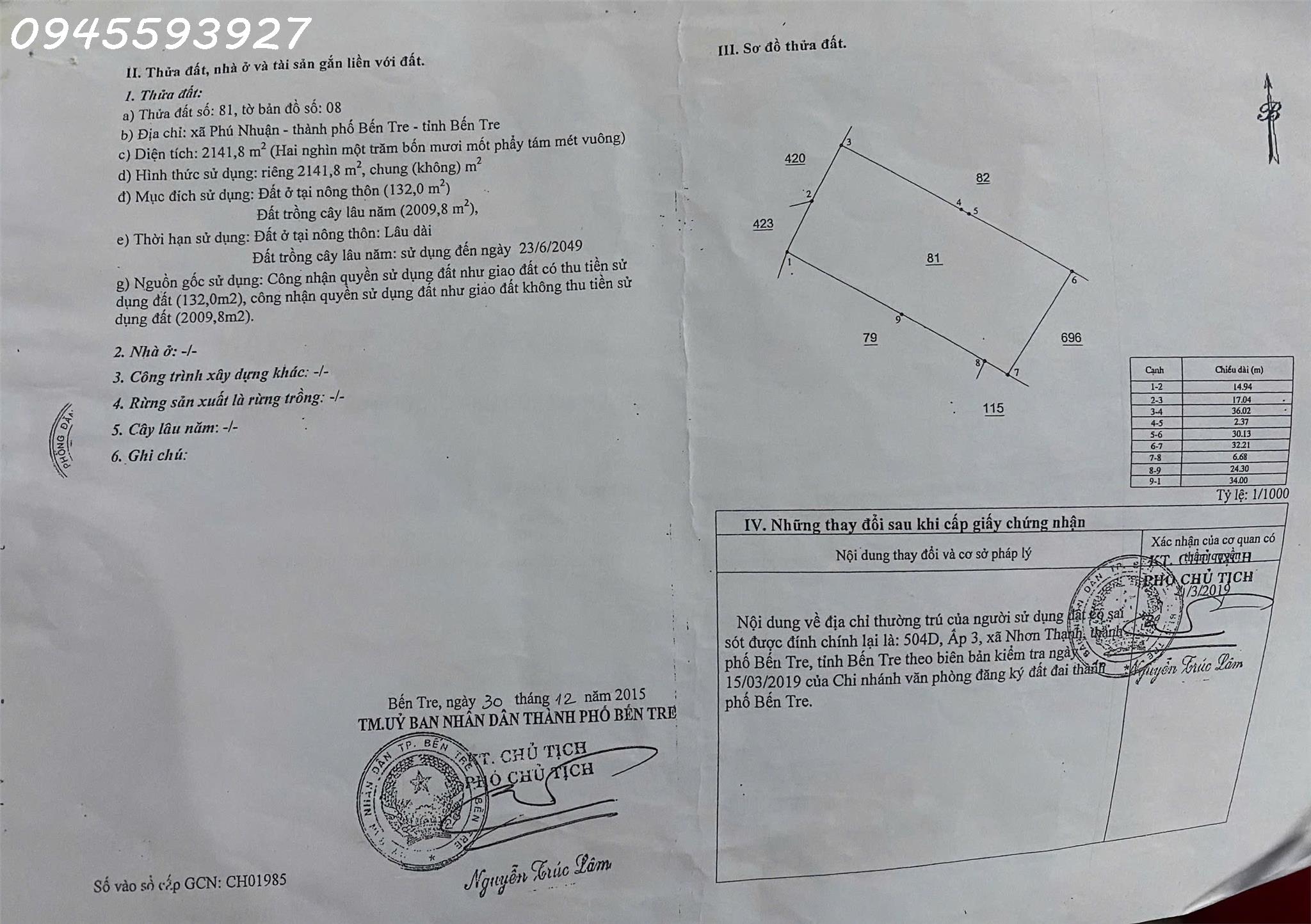 Chính chủ cần bán 2141m2 đất xã Phú Nhuận, TP. Bến Tre - Ảnh 1