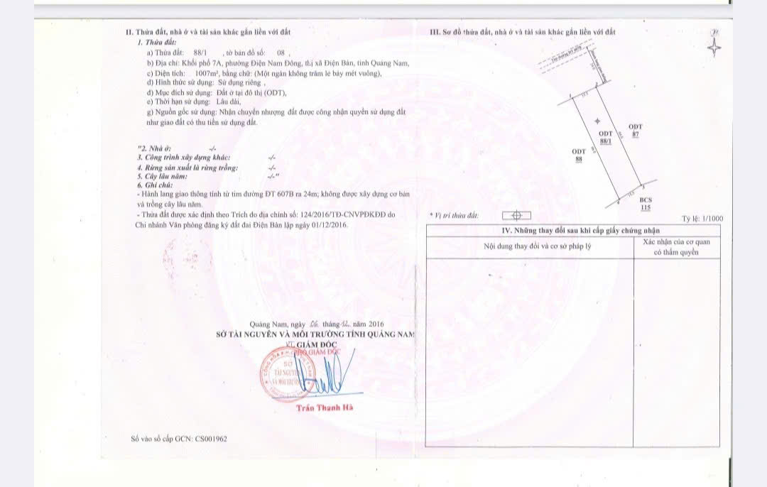 Bán đất Điện Bàn, Quảng Nam. DT 1007m2. SHR 16,2 tỷ. Lh: 0913762682 - Ảnh 1