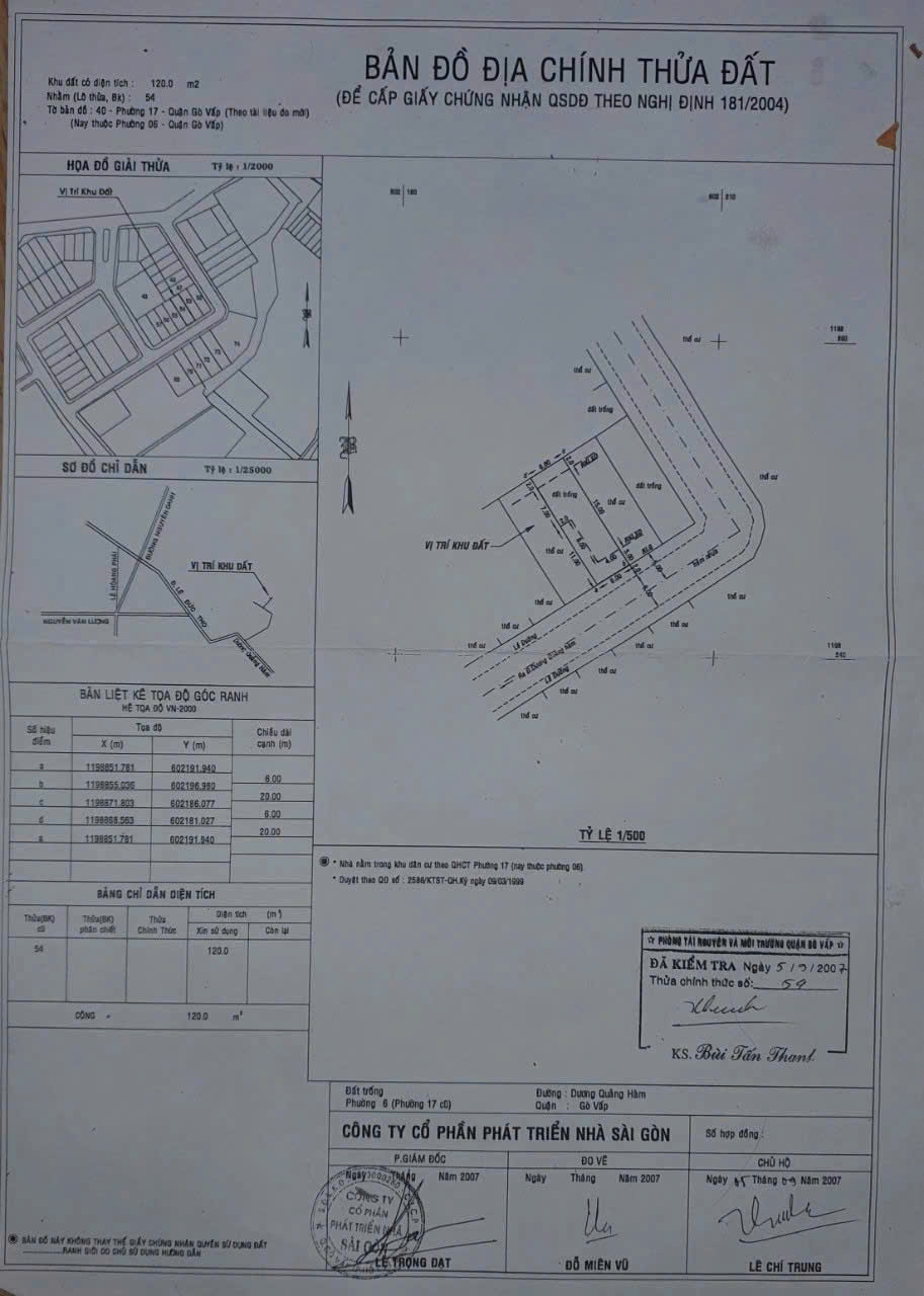 Bán Đất trống, Hẻm Dương Quảng Hàm - P6, Gò Vấp, DT: 6x20m, Sổ Vuông , giá 14.5 tỷ. - Ảnh 3