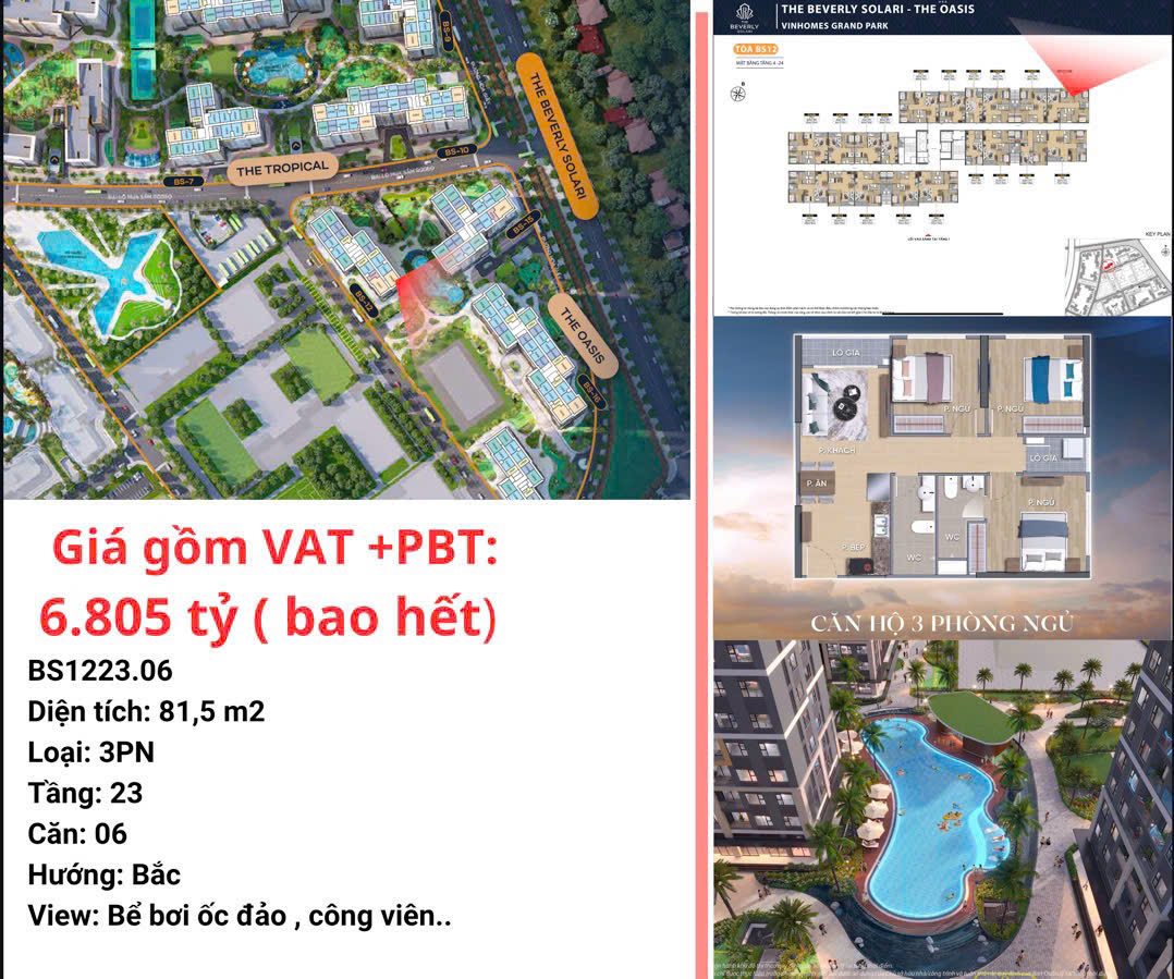 căn 3PN- The Oasis giá tốt nhất cùng các ưu đãi, tầng cao thoáng mát, view sang xịn mịn - Ảnh chính