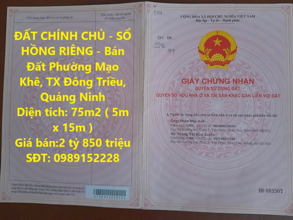 ĐẤT CHÍNH CHỦ - SỔ HỒNG RIÊNG - Bán Đất Phường Mạo Khê, TX Đông Triều, Quảng Ninh - Ảnh chính